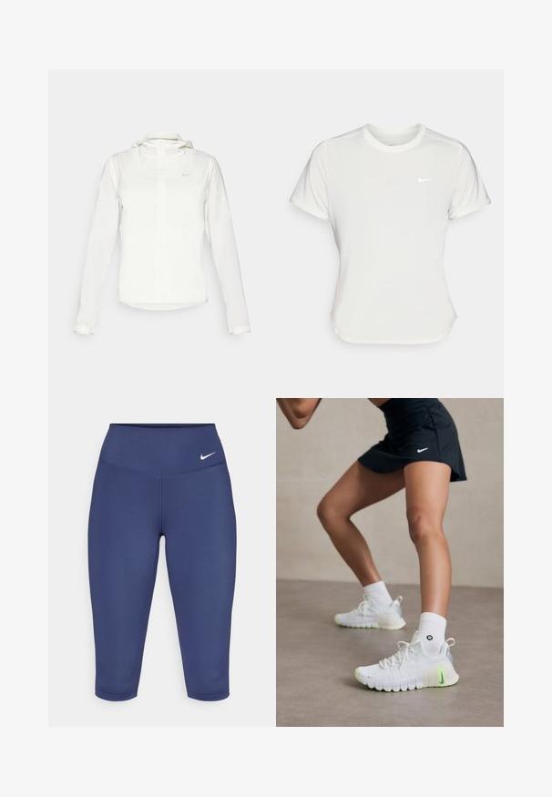 Weiße Nike-Jacke mit Kapuze, durchgehendem Reißverschluss, elastischen Bündchen und einem dezenten Logo auf der Brust. Glatte Textur und leichtes Design.; Nike T-Shirt in Weiß, mit kurzen Ärmeln und rundem Kragen, aus einem glatten, leichten Stoff gefertigt. Verfügt über ein dezentes Logo auf der Brust.; Dunkelblaue Capri-Leggings aus dehnbarem Material, mit einem breiten Bund und einem kleinen weißen Logo auf der linken Seite. Keine sichtbaren Nähte.; Weiße Sportschuhe mit strukturierter Oberfläche, neon-grünen Akzenten und einem markanten Nike-Logo. Getragen mit weißen Knöchelsocken.