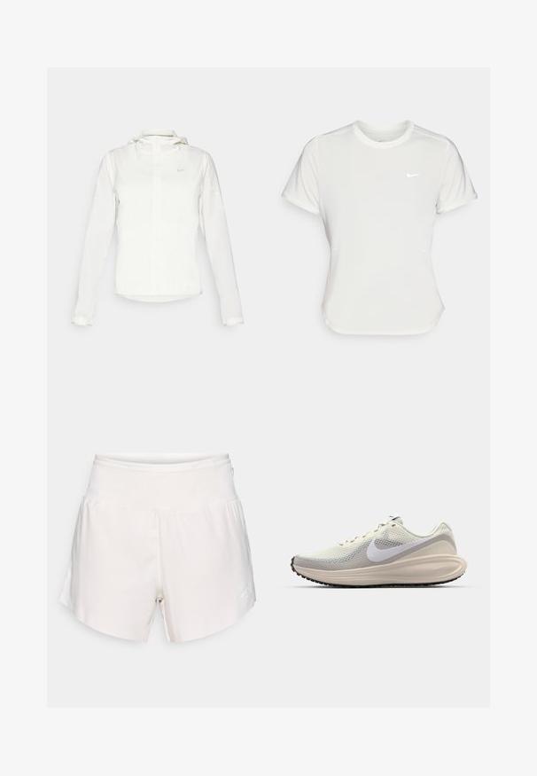 Bijela Nike jakna s kapuljačom, punim zatvaračem, elastičnim manžetama i suptilnim logotipom na prsima. Glatka textura i lagan dizajn.; Nike majica u bijeloj boji, kratkih rukava, okruglog izreza, izrađena od glatkog, laganog materijala. Sadrži diskretni логотип na prsima.; Svijetlosmeđi atletski šortsevi s elastičnim pojasom, zakrivljenim rubom i malim bijelim logotipom s desne strane. Glatka tekstura tkanine.; Tenisice s gornjim dijelom od svijetlosivog mrežastog materijala, bijelim Nike swoosh logotipom, podebljanim međuslojem, elegantnim oblikom i crnim gumastim potplatom s uzorkom.