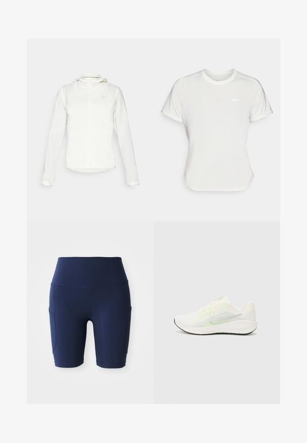 Jachetă albă Nike cu glugă, fermoar pe toată lungimea, manșete elastice și un logo subtil pe piept. Textură netedă și design ușor.; Tricou Nike alb, cu mâneci scurte, decolteu rotund, fabricat dintr-un material neted și ușor. Prezintă un logo subtil pe piept.; Șorturi de ciclism în nuanțe de albastru marin, cu talie înaltă, realizate dintr-un material elastic și neted; prezintă buzunare laterale și un design mulat.; Nike Performance DOWNSHIFTER 13 - Pantofi de alergare pe asfalt - sail/silver-coloured photon dust/summit white/barely volt/black