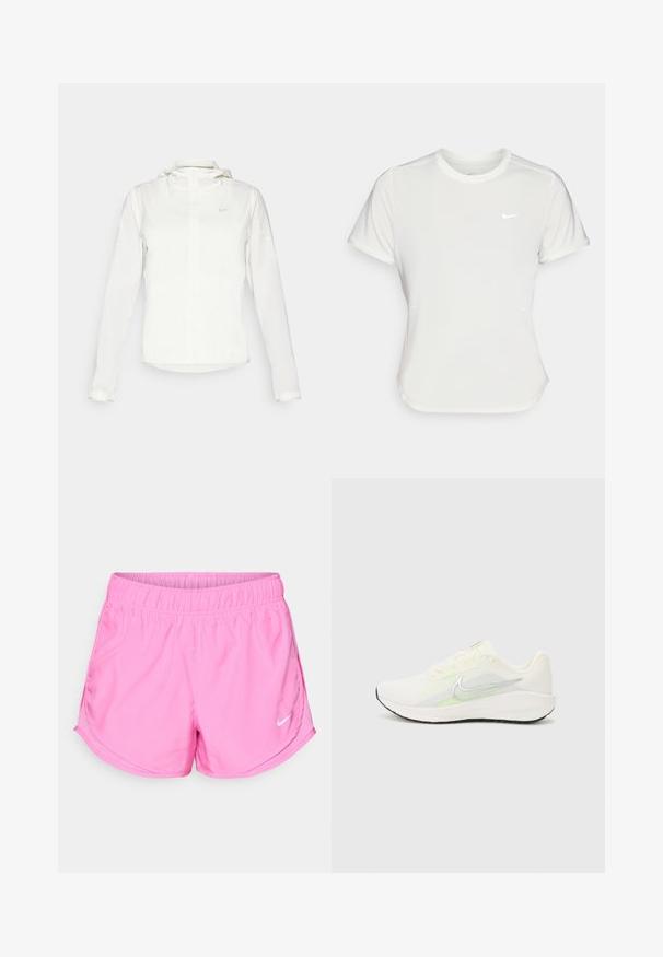 Chaqueta blanca de Nike con capucha, cremallera completa, puños elásticos y un logo sutil en el pecho. Textura suave y diseño ligero.; Camiseta Nike en blanco, de manga corta, escote redondo, hecha de una tela suave y ligera. Presenta un logo sutil en el pecho.; Pantalones cortos deportivos rosas hechos de tela ligera, con una cinturilla elástica y un logo de Nike blanco en el lado izquierdo inferior.; Nike Performance DOWNSHIFTER 13 - Zapatillas running asfalto - sail/silver-coloured photon dust/summit white/barely volt/black