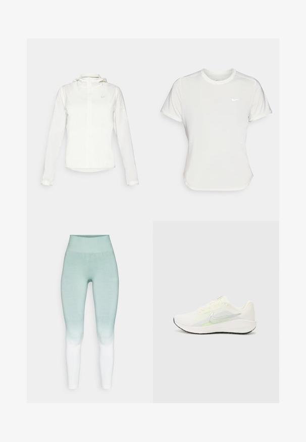 Hvit Nike-jakke med hette, hel glidelås, elastiske mansjetter og en diskret logo på brystet. Glatt tekstur og lett design.; Nike T-skjorte i hvit, kortermet, rund hals, laget av et glatt og lett materiale. Har en subtil logo på brystet.; Yogasearcher RAISI - Tights - lichen; Nike Performance DOWNSHIFTER 13 - Løpesko for vei - sail/silver-coloured photon dust/summit white/barely volt/black