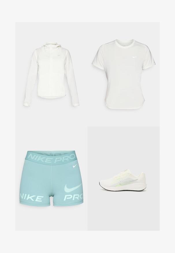 Giacca Nike bianca con cappuccio, zip completa, polsini elasticizzati e un logo discreto sul petto. Texture liscia e design leggero.; T-shirt Nike bianco, maniche corte, scollatura rotonda, realizzata in un tessuto morbido e leggero. Presenta un logo discreto sul petto.; Corti da donna azzurro chiaro realizzati in tessuto elasticizzato, con una vita larga che presenta il testo e il logo "NIKE PRO" in bianco.; Nike Performance DOWNSHIFTER 13 - Scarpe da corsa su strada - sail/silver-coloured photon dust/summit white/barely volt/black
