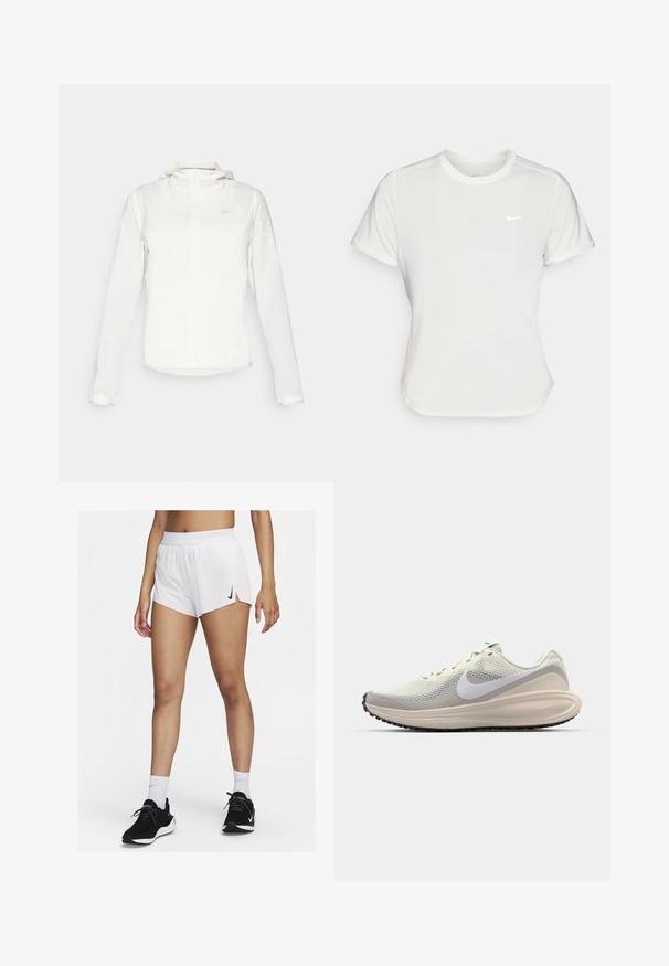 White Nike jacket with a hood, full zip, elastic cuffs, and a subtle logo on the chest. Smooth texture and lightweight design.; Nike T-shirt in white, short sleeves, round neckline, made from a smooth, lightweight fabric. Features a subtle logo on the chest.; White athletic shorts with a ribbed waistband, side slits, and a black Nike logo. Worn with black sneakers and white crew socks.; Sneakers with a light gray mesh upper, white Nike swoosh, cushioned midsole, sleek shape, and black rubber outsole with tread pattern.