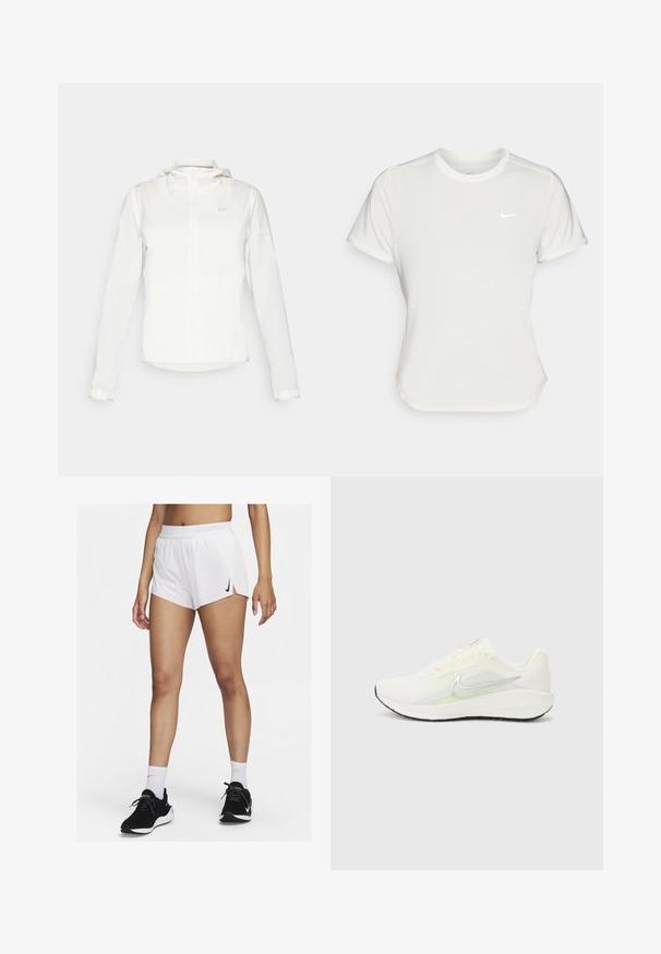 Chaqueta blanca de Nike con capucha, cremallera completa, puños elásticos y un logo sutil en el pecho. Textura suave y diseño ligero.; Camiseta Nike en blanco, de manga corta, escote redondo, hecha de una tela suave y ligera. Presenta un logo sutil en el pecho.; Pantalones cortos deportivos blancos con cinturilla acanalada, aberturas laterales y un logo negro de Nike. Se llevan con zapatillas negras y calcetines blancos hasta la mitad de la pantorrilla.; Nike Performance DOWNSHIFTER 13 - Zapatillas running asfalto - sail/silver-coloured photon dust/summit white/barely volt/black