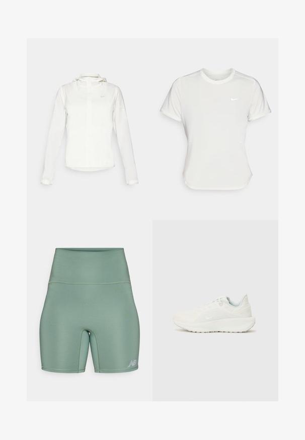 White Nike jacket with a hood, full zip, elastic cuffs, and a subtle logo on the chest. Smooth texture and lightweight design.; Nike T-shirt in white, short sleeves, round neckline, made from a smooth, lightweight fabric. Features a subtle logo on the chest.; High-waisted athletic shorts in a muted green color. Made of smooth, stretchy material with flat seams and a reflective logo accent.; White athletic shoes with a textured upper, padded collar, and lace closure. Features a curved outsole and subtle branding on the side.