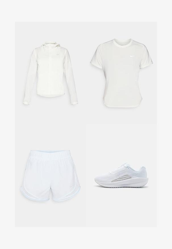 Balta Nike striukė su gobtuvu, pilnu užtrauktuku, elastingomis rankovėmis ir subtiliu logotipu ant krūtinės. Sklandi tekstūra ir lengvas dizainas.; Nike marškinėliai balti, trumpomis rankovėmis, apvaliu iškirpimu, pagaminti iš lygaus, lengvo audinio. Yra subtilus logotipas ant krūtinės.; Šviesiai mėlyni sportiniai šortai su elastine juosmens juosta, tinklelio šoninėmis panelėmis ir kontrastingu apvadu. Ant jų subtiliai matomas šviesiai pilkas Nike logotipas.; Baldas sportinis batelis su tinkleliu viršuje, apvaliu toe ir tekstūruota padais. Pabrėžia sidabrinį Nike swoosh ir minimalistinį dizainą.
