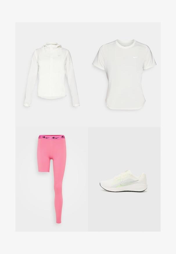 Balta Nike striukė su gobtuvu, pilnu užtrauktuku, elastingomis rankovėmis ir subtiliu logotipu ant krūtinės. Sklandi tekstūra ir lengvas dizainas.; Nike marškinėliai balti, trumpomis rankovėmis, apvaliu iškirpimu, pagaminti iš lygaus, lengvo audinio. Yra subtilus logotipas ant krūtinės.; Rožinės sportinės leggingos su kontrastinga juoda juosta, ant kurios yra logotipas. Dizainas apima skirtingo ilgio stilių: viena koja trumpa, o kita ilga.; Nike Performance DOWNSHIFTER 13 - Bėgimo batai plentui - sail/silver-coloured photon dust/summit white/barely volt/black