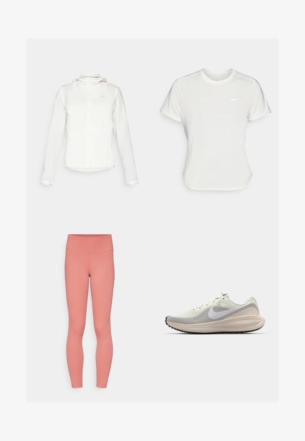 Balta Nike jaka ar kapuci, pilna rāvējslēdzēja, elastīgām piedurknēm un diskrētu logotipu uz krūšu daļas. Gluda tekstūra un viegla konstrukcija.; Nike t-krekls baltā krāsā, īsām piedurknēm, ar apaļu kakla izgriezumu, izgatavots no gludas, vieglas auduma. Uz krūtīm ir diskreta logo.; Rozā elastīgas legingi ar augstu jostasvietu, gludu tekstūru un minimālu šuvju skaitu. Uz potītes ir neliels Nike logo.; Sporta apavi ar gaišpelēku acs virsu, baltu Nike swoosh, mīkstu starpzoli, elegantu formu un melnu gumijas zoli ar protektora dizainu.