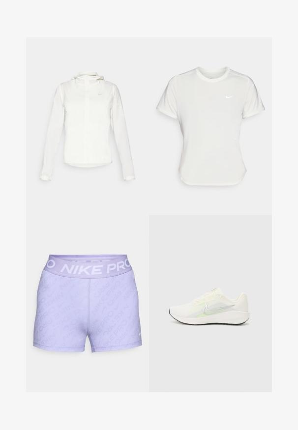 Chaqueta blanca de Nike con capucha, cremallera completa, puños elásticos y un logo sutil en el pecho. Textura suave y diseño ligero.; Camiseta Nike en blanco, de manga corta, escote redondo, hecha de una tela suave y ligera. Presenta un logo sutil en el pecho.; Shorts Nike Pro de color púrpura claro con un diseño texturizado de canalé, cinturilla elástica que presenta el nombre de la marca en blanco y detalles de dobladillo cosidos.; Nike Performance DOWNSHIFTER 13 - Zapatillas running asfalto - sail/silver-coloured photon dust/summit white/barely volt/black