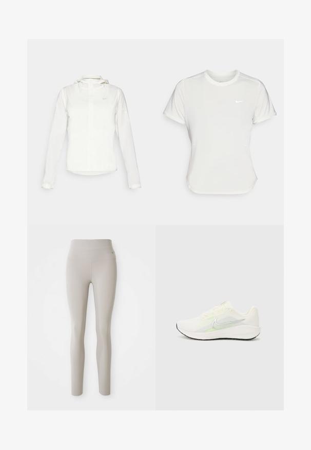Casaco branco da Nike com capuz, fecho completo, punhos elásticos e um logótipo subtil no peito. Textura suave e design leve.; T-shirt da Nike em branco, mangas curtas, decote redondo, feito de um tecido liso e leve. Apresenta um logo discreto no peito.; Leggings de cintura alta em bege, feitos de um tecido elástico, apresentando um design ajustado e uma textura suave, com um pequeno logótipo na cintura.; Nike Performance DOWNSHIFTER 13 - Sapatos para corrida em estrada - sail/silver-coloured photon dust/summit white/barely volt/black