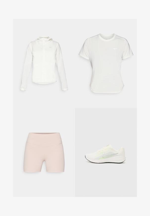 Giacca Nike bianca con cappuccio, zip completa, polsini elasticizzati e un logo discreto sul petto. Texture liscia e design leggero.; T-shirt Nike bianco, maniche corte, scollatura rotonda, realizzata in un tessuto morbido e leggero. Presenta un logo discreto sul petto.; Nike Performance ONE SHORT - Leggings - particle beige/black; Nike Performance DOWNSHIFTER 13 - Scarpe da corsa su strada - sail/silver-coloured photon dust/summit white/barely volt/black
