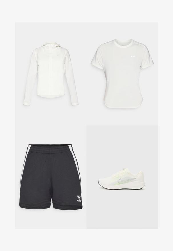 Casaco branco da Nike com capuz, fecho completo, punhos elásticos e um logótipo subtil no peito. Textura suave e design leve.; T-shirt da Nike em branco, mangas curtas, decote redondo, feito de um tecido liso e leve. Apresenta um logo discreto no peito.; Calções atléticos pretos com um acabamento texturizado, apresentando riscas brancas nas laterais e um pequeno logótipo no lado inferior direito. Cintura elástica.; Nike Performance DOWNSHIFTER 13 - Sapatos para corrida em estrada - sail/silver-coloured photon dust/summit white/barely volt/black