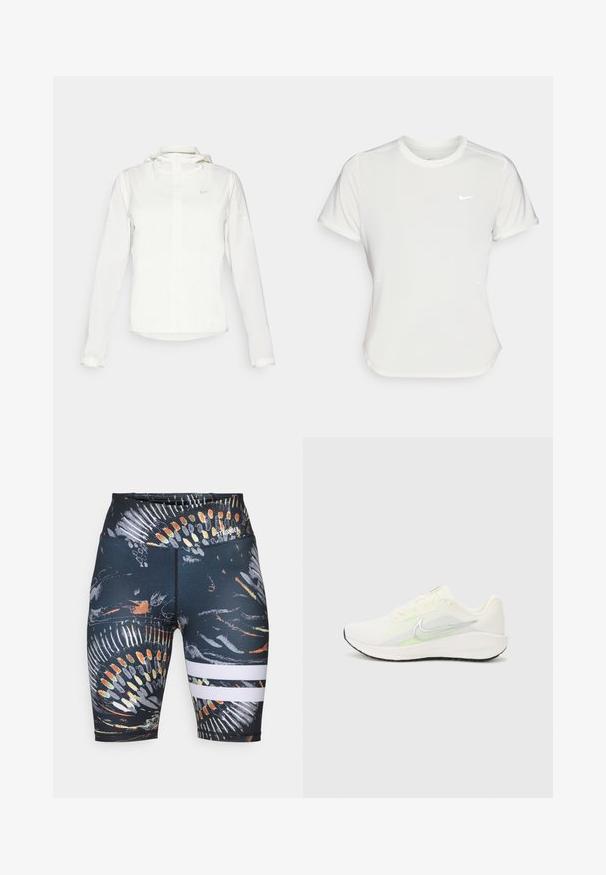 Casaco branco da Nike com capuz, fecho completo, punhos elásticos e um logótipo subtil no peito. Textura suave e design leve.; T-shirt da Nike em branco, mangas curtas, decote redondo, feito de um tecido liso e leve. Apresenta um logo discreto no peito.; Calções atléticos pretos com um padrão abstrato colorido. Inclui duas riscas brancas horizontais perto da barra. Feitos de material elástico.; Nike Performance DOWNSHIFTER 13 - Sapatos para corrida em estrada - sail/silver-coloured photon dust/summit white/barely volt/black
