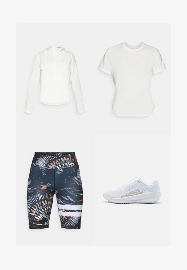 Chaqueta blanca de Nike con capucha, cremallera completa, puños elásticos y un logo sutil en el pecho. Textura suave y diseño ligero.; Camiseta Nike en blanco, de manga corta, escote redondo, hecha de una tela suave y ligera. Presenta un logo sutil en el pecho.; Pantalones cortos deportivos negros con un estampado abstracto colorido. Incluyen dos rayas horizontales blancas cerca del dobladillo. Hechos de un material elástico.; Zapatilla deportiva blanca con parte superior de malla, punta redondeada y suela texturizada. Presenta un swoosh de Nike plateado y un diseño minimalista.