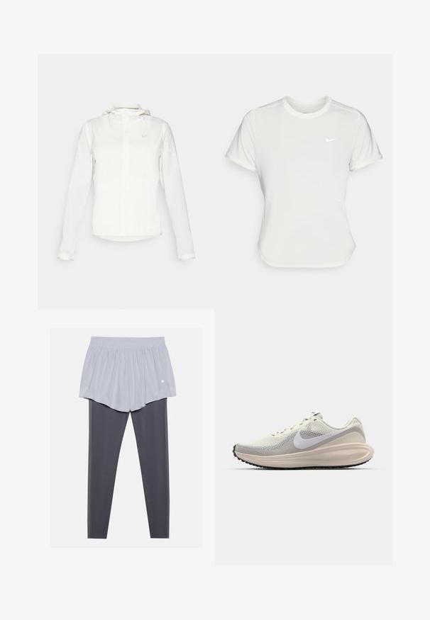 White Nike jacket with a hood, full zip, elastic cuffs, and a subtle logo on the chest. Smooth texture and lightweight design.; Nike T-shirt in white, short sleeves, round neckline, made from a smooth, lightweight fabric. Features a subtle logo on the chest.; Light gray athletic shorts with an elastic waistband layered over dark gray leggings. Both materials are smooth, stretchy, and fitted.; Sneakers with a light gray mesh upper, white Nike swoosh, cushioned midsole, sleek shape, and black rubber outsole with tread pattern.