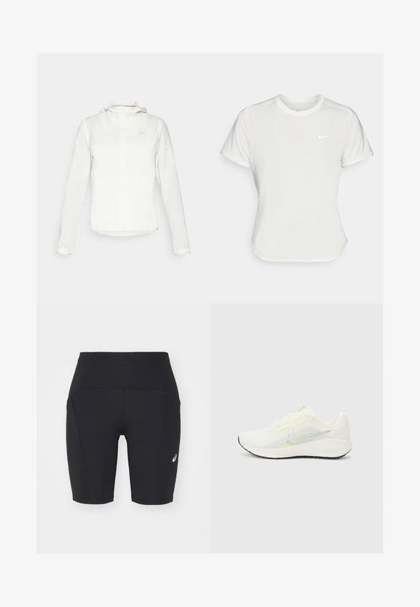 Witte Nike-jack met een capuchon, volledige rits, elastische manchetten en een subtiele logo op de borst. Gladde textuur en lichtgewicht ontwerp.; Nike T-shirt in het wit, korte mouwen, ronde halslijn, gemaakt van een gladde, lichte stof. Bevat een subtiele logo op de borst.; Zwarte sportieve shorts gemaakt van gladde, rekbare stof. Bevat een zijzak en een wit logo aan de linkerkant.; Nike Performance DOWNSHIFTER 13 - Hardloopschoenen voor op de weg - sail/silver-coloured photon dust/summit white/barely volt/black
