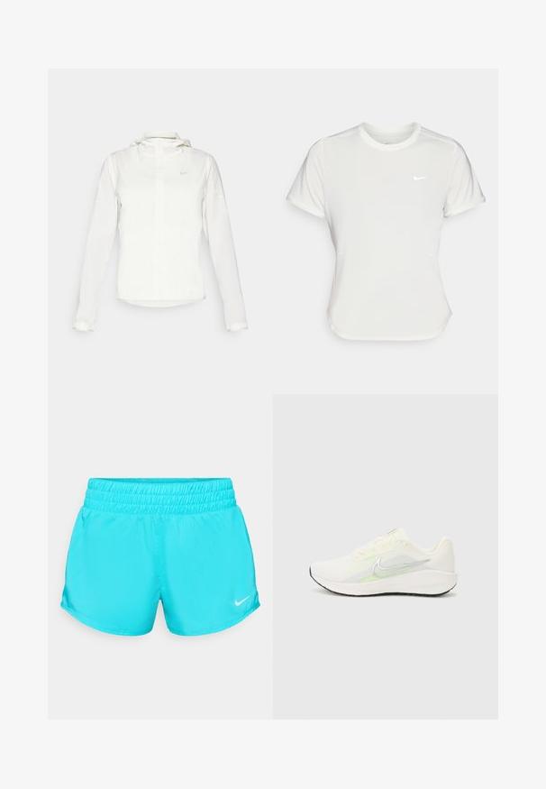 Valkoinen Nike-takki hupulla, täyspitkällä vetoketjulla, joustavilla hihansuilla ja hillityllä logolla rinnassa. Sujuva pinta ja kevyt muotoilu.; Nike T-paita valkoisena, lyhythihaisena, pyöreällä kaula-aukolla, valmistettu sileästä, kevyestä kankaasta. Rinnassa on huomaamaton logo.; Tummansiniset urheilushortsit, joissa on joustava vyötärö ja pieni valkoinen Nike-logo alhaalla oikealla puolella. Liukas, kevyt kangas.; Nike Performance DOWNSHIFTER 13 - Katujuoksukengät - sail/silver-coloured photon dust/summit white/barely volt/black