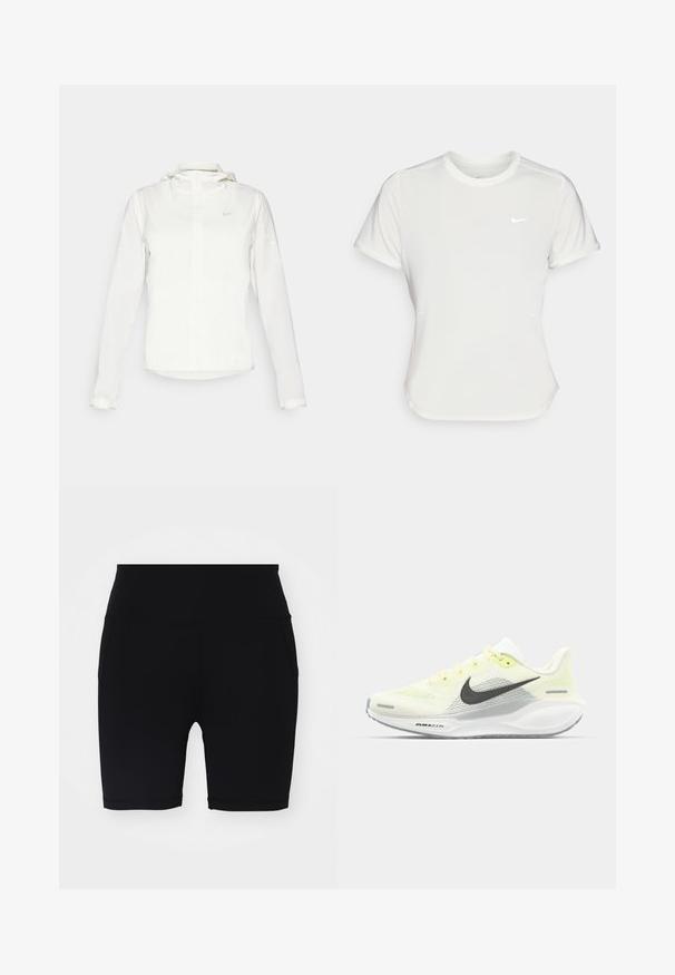 Giacca Nike bianca con cappuccio, zip completa, polsini elasticizzati e un logo discreto sul petto. Texture liscia e design leggero.; T-shirt Nike bianco, maniche corte, scollatura rotonda, realizzata in un tessuto morbido e leggero. Presenta un logo discreto sul petto.; Pantaloni sportivi neri con una texture liscia, lunghezza a metà coscia, vita alta e tasche laterali. Design semplice, senza motivi o decorazioni visibili.; Scarpe da corsa Nike con una tomaia in rete giallo chiaro e bianco, dettagli grigi e una suola in gomma flessibile. Presentano una chiusura con lacci.