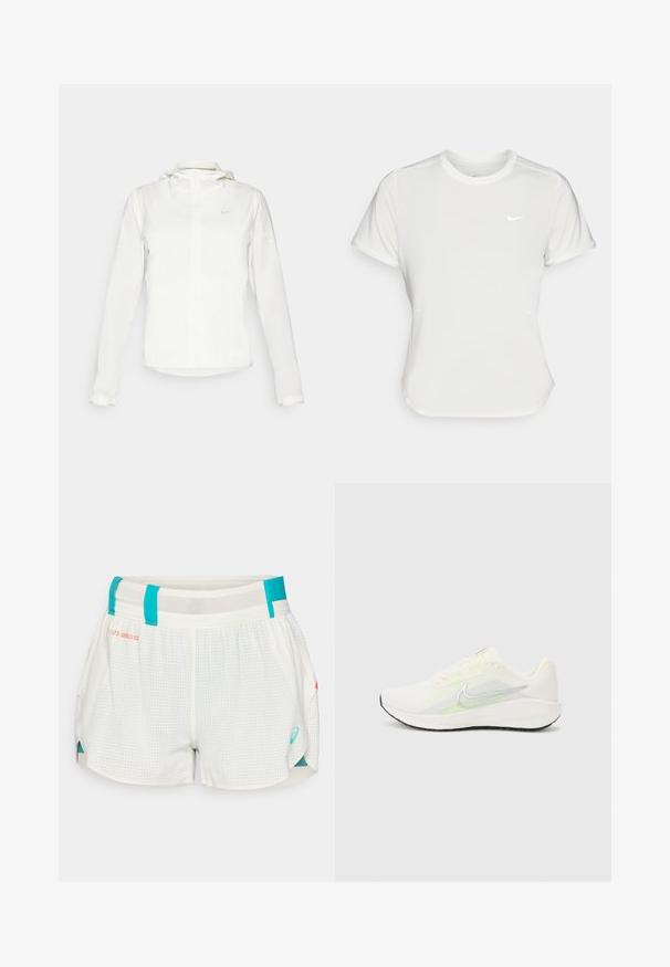 White Nike jacket with a hood, full zip, elastic cuffs, and a subtle logo on the chest. Smooth texture and lightweight design.; Nike T-shirt in white, short sleeves, round neckline, made from a smooth, lightweight fabric. Features a subtle logo on the chest.; White patterned running shorts with turquoise accents, breathable mesh waistband, and side slits for mobility. Features brand logo in turquoise.; Nike Performance DOWNSHIFTER 13 - Road running shoes - sail/silver-coloured photon dust/summit white/barely volt/black