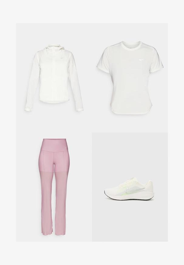 Chaqueta blanca de Nike con capucha, cremallera completa, puños elásticos y un logo sutil en el pecho. Textura suave y diseño ligero.; Camiseta Nike en blanco, de manga corta, escote redondo, hecha de una tela suave y ligera. Presenta un logo sutil en el pecho.; Pantalones deportivos rosas con una cinturilla alta, diseño de pierna acampanada y paneles transparentes en la parte inferior. Textura suave y detalles mínimos.; Nike Performance DOWNSHIFTER 13 - Zapatillas running asfalto - sail/silver-coloured photon dust/summit white/barely volt/black