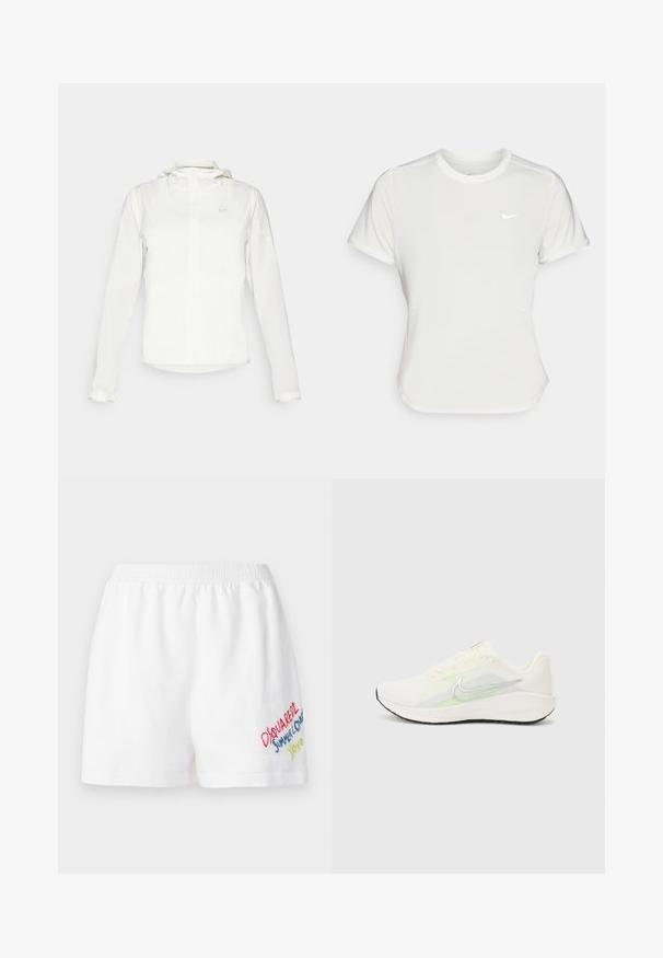 Valge Nike jakker, millel on kapuuts, täispikk tõmblukk, elastsed mansetid ja diskreetne logo rinnal. Sile tekstuur ja kerge disain.; Nike T-särk valgetes toonides, lühikeste varrukatega, ümar kaelus, valmistatud siledast ja kergest kangast. Rinnal on peene logo.; Dsquared2 BAGGY - Lühikesed püksid - white; Nike Performance DOWNSHIFTER 13 - Maanteejooksu jalatsid - sail/silver-coloured photon dust/summit white/barely volt/black