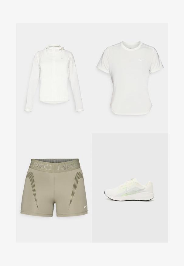Veste blanche Nike avec capuche, fermeture éclair intégrale, poignets élastiques et un logo discret sur la poitrine. Texture lisse et design léger.; T-shirt Nike en blanc, à manches courtes, col rond, fabriqué dans un tissu lisse et léger. Présente un logo discret sur la poitrine.; Shorts Nike Pro en vert olive, fabriqués à partir d'un matériau extensible ; affichent une ceinture texturée et des motifs de rayures diagonales sur les côtés.; Nike Performance DOWNSHIFTER 13 - Chaussures de running sur route - sail/silver-coloured photon dust/summit white/barely volt/black