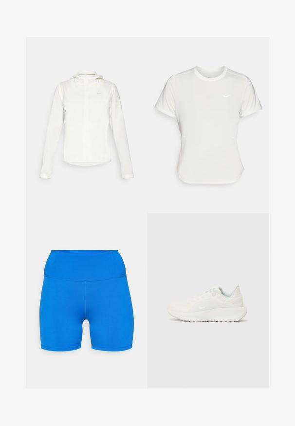 Veste blanche Nike avec capuche, fermeture éclair intégrale, poignets élastiques et un logo discret sur la poitrine. Texture lisse et design léger.; T-shirt Nike en blanc, à manches courtes, col rond, fabriqué dans un tissu lisse et léger. Présente un logo discret sur la poitrine.; Shorts de sport bleus en tissu extensible et respirant. Dotés d'une taille haute et d'un design sans couture, idéaux pour le confort et le mouvement.; Baskets de sport blanches avec un dessus texturé, un col rembourré et un système de laçage. Elles disposent d'une semelle incurvée et d'un logo discret sur le côté.