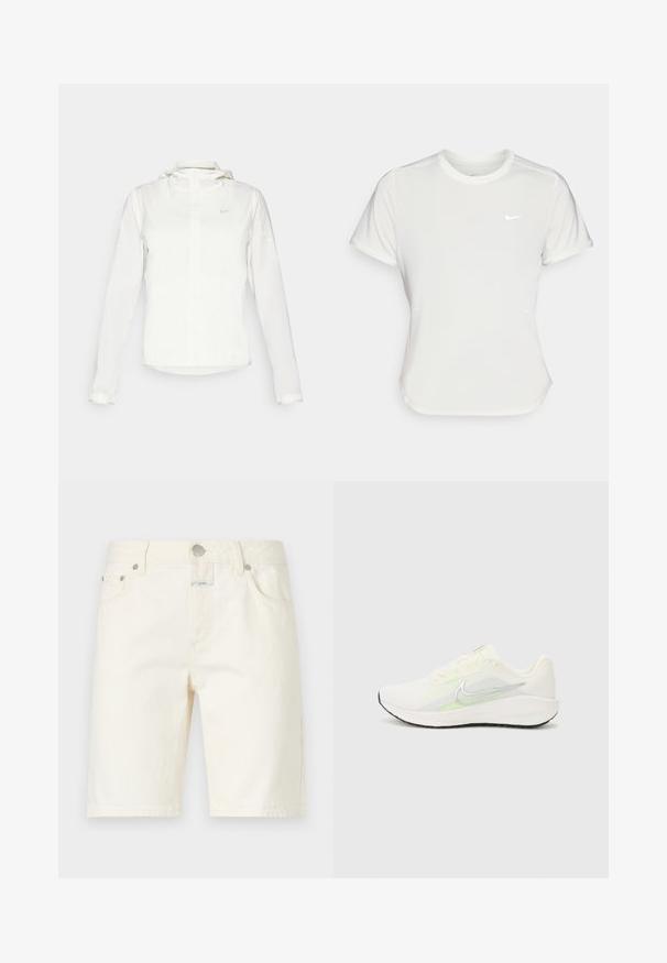Fehér Nike dzseki kapucnival, teljes cipzárral, rugalmas mandzsettákkal és egy diszkrét logóval a mellkason. Sima textúrájú és könnyű kialakítású.; Fehér Nike póló, rövid ujjú, kerek nyakú, sima, könnyű anyagból készült. Diszkrét logóval rendelkezik a mellkason.; CLOSED JINNIE - Rövidnadrágok - white; Nike Performance DOWNSHIFTER 13 - Utcai futócipők - sail/silver-coloured photon dust/summit white/barely volt/black