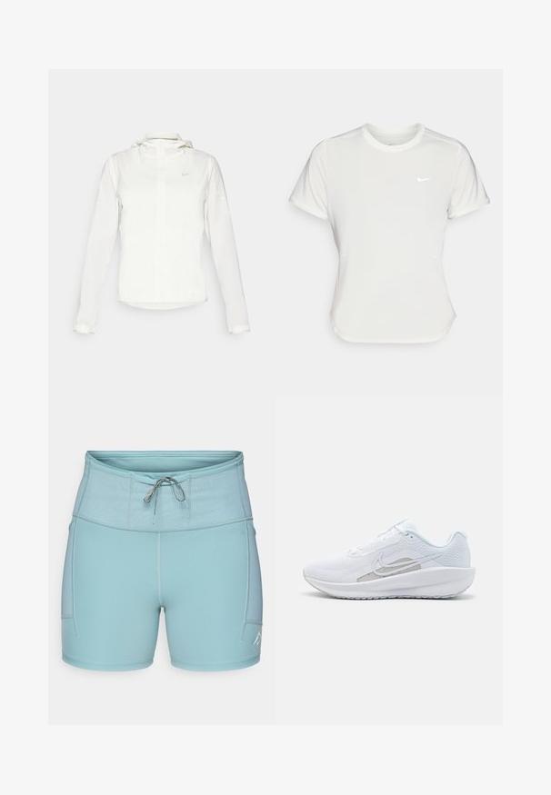Giacca Nike bianca con cappuccio, zip completa, polsini elasticizzati e un logo discreto sul petto. Texture liscia e design leggero.; T-shirt Nike bianco, maniche corte, scollatura rotonda, realizzata in un tessuto morbido e leggero. Presenta un logo discreto sul petto.; Pantaloni da ginnastica blu chiaro con una larga cintura elastica, coulisse e tasche laterali. Tessuto liscio con cuciture flatlock per un comfort ottimale.; Scarpa sportiva bianca con tomaia in rete, punta arrotondata e suola testurizzata. Presenta il logo Nike in argento e un design minimalista.