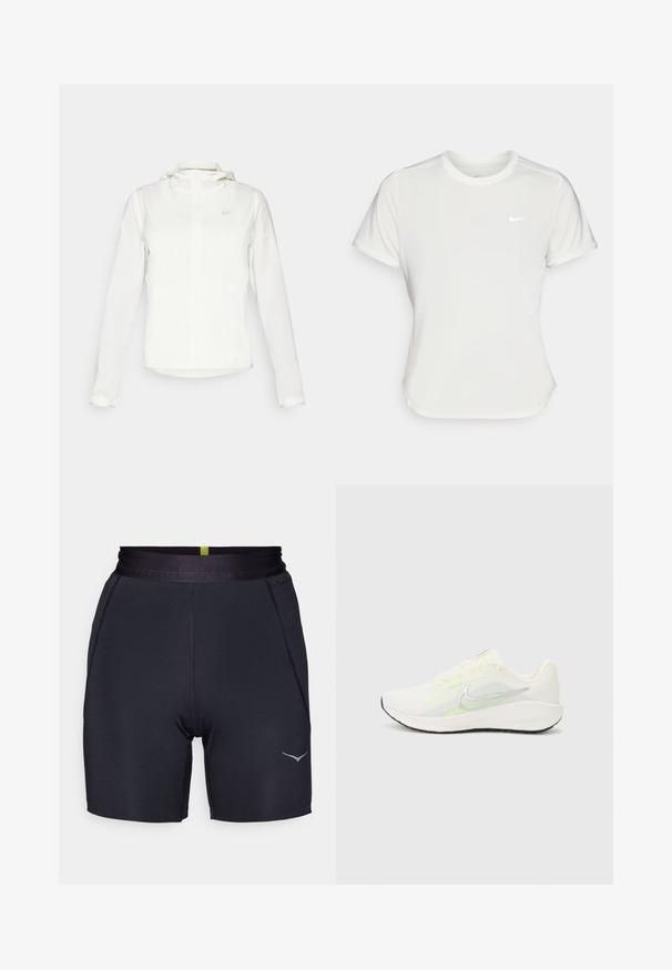 Casaco branco da Nike com capuz, fecho completo, punhos elásticos e um logótipo subtil no peito. Textura suave e design leve.; T-shirt da Nike em branco, mangas curtas, decote redondo, feito de um tecido liso e leve. Apresenta um logo discreto no peito.; Calções atléticos pretos com um design ajustado, textura suave, cintura elástica e um discreto logótipo cinza no lado esquerdo.; Nike Performance DOWNSHIFTER 13 - Sapatos para corrida em estrada - sail/silver-coloured photon dust/summit white/barely volt/black