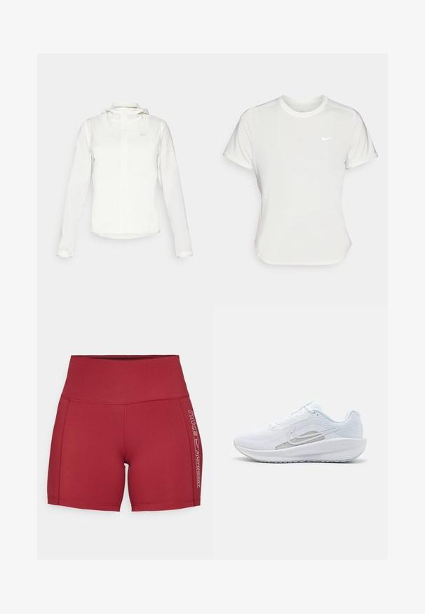 Veste blanche Nike avec capuche, fermeture éclair intégrale, poignets élastiques et un logo discret sur la poitrine. Texture lisse et design léger.; T-shirt Nike en blanc, à manches courtes, col rond, fabriqué dans un tissu lisse et léger. Présente un logo discret sur la poitrine.; Shorts de sport rouges en tissu extensible avec une taille haute. Présente un logo imprimé blanc et des accents sur les côtés. Texture lisse et design ajusté.; Baskets blanches avec une tige en mesh, bout rond et semelle texturée. Présentent un swoosh Nike argenté et un design minimaliste.