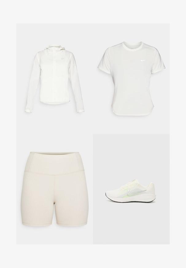 Weiße Nike-Jacke mit Kapuze, durchgehendem Reißverschluss, elastischen Bündchen und einem dezenten Logo auf der Brust. Glatte Textur und leichtes Design.; Nike T-Shirt in Weiß, mit kurzen Ärmeln und rundem Kragen, aus einem glatten, leichten Stoff gefertigt. Verfügt über ein dezentes Logo auf der Brust.; Beige gerippte Shorts mit hohem Bund. Glatte Textur, figurbetontes Design und mittlere Oberschenkellänge. Keine sichtbaren Beschläge oder Muster.; Nike Performance DOWNSHIFTER 13 - Laufschuh Straße - sail/silver-coloured photon dust/summit white/barely volt/black