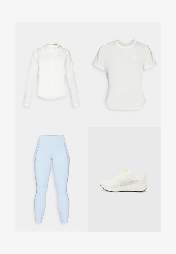 Vit Nike-jacka med huva, hel dragkedja, elastiska ärmslutar och en diskret logotyp på bröstet. Slät textur och lätt design.; Nike T-shirt i vitt, kortärmad, rund halsringning, tillverkad av ett mjukt, lätt material. Har en diskret logotyp på bröstet.; Ljusblå leggings med hög midja, slät yta och kontrasterande sömmar längs sidorna. Hel längd.; Nike Performance DOWNSHIFTER 13 - Väglöparskor - sail/silver-coloured photon dust/summit white/barely volt/black