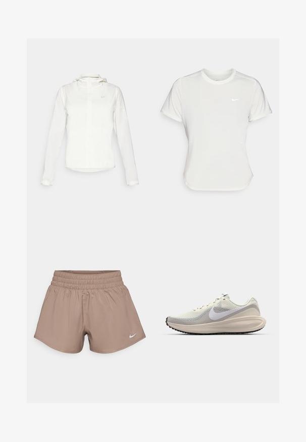 Bijela Nike jakna s kapuljačom, punim zatvaračem, elastičnim manžetama i suptilnim logotipom na prsima. Glatka textura i lagan dizajn.; Nike majica u bijeloj boji, kratkih rukava, okruglog izreza, izrađena od glatkog, laganog materijala. Sadrži diskretni логотип na prsima.; Smeđe, lagane atletske šorts hlače s smock-kikovom strukturom, širokog kroja i malim bijelim Nike logotipom s lijeve strane.; Tenisice s gornjim dijelom od svijetlosivog mrežastog materijala, bijelim Nike swoosh logotipom, podebljanim međuslojem, elegantnim oblikom i crnim gumastim potplatom s uzorkom.