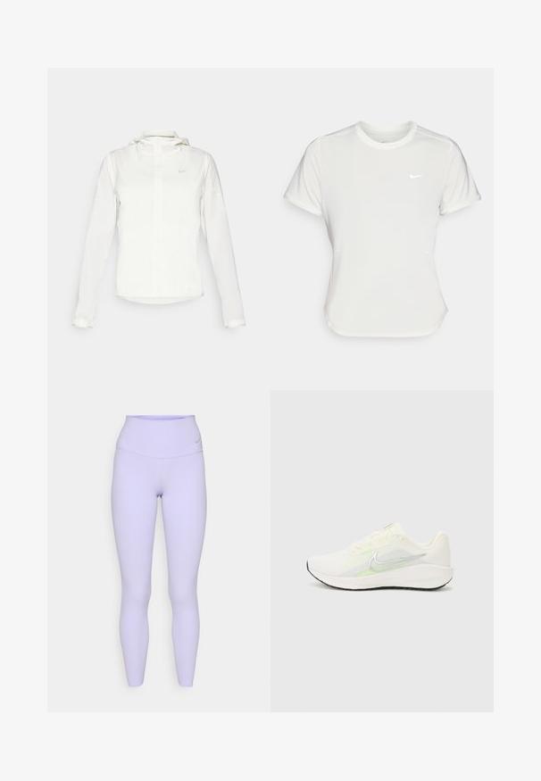 Casaco branco da Nike com capuz, fecho completo, punhos elásticos e um logótipo subtil no peito. Textura suave e design leve.; T-shirt da Nike em branco, mangas curtas, decote redondo, feito de um tecido liso e leve. Apresenta um logo discreto no peito.; Leggings lilás de cintura alta com uma textura lisa e elástica e um logótipo da Nike na cintura, desenhadas para conforto e movimento.; Nike Performance DOWNSHIFTER 13 - Sapatos para corrida em estrada - sail/silver-coloured photon dust/summit white/barely volt/black