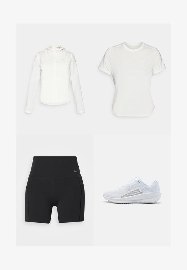 White Nike jacket with a hood, full zip, elastic cuffs, and a subtle logo on the chest. Smooth texture and lightweight design.; Nike T-shirt in white, short sleeves, round neckline, made from a smooth, lightweight fabric. Features a subtle logo on the chest.; Nike Performance UNIVERSA SHORT - Leggings - black; White athletic shoe with mesh upper, rounded toe, and textured sole. Features a silver Nike swoosh and minimalistic design.