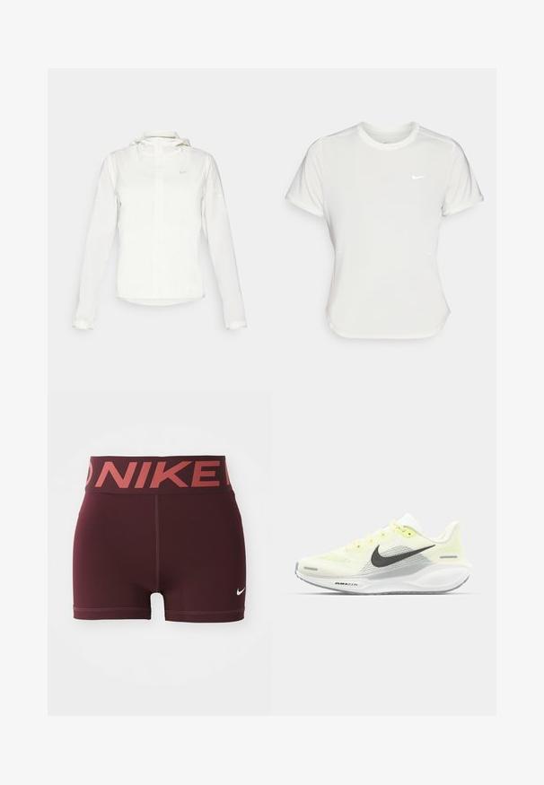 Biała kurtka Nike z kapturem, na zamek błyskawiczny, elastyczne mankiety i subtelne logo na piersi. Gładka tekstura i lekka konstrukcja.; Koszulka Nike w kolorze białym, z krótkimi rękawami, okrągłym dekoltem, wykonana z gładkiego, lekkiego materiału. Posiada subtelne logo na piersi.; Bordowe szorty sportowe z szerokim paskiem w talii, z logo "NIKE" w kontrastującym czerwonym kolorze. Wykonane z gładkiego, elastycznego materiału.; Biegi Nike z lekką żółtą i białą siateczką cholewy, szarymi akcentami i elastyczną gumową podeszwą. Posiada klasyczne sznurowanie.