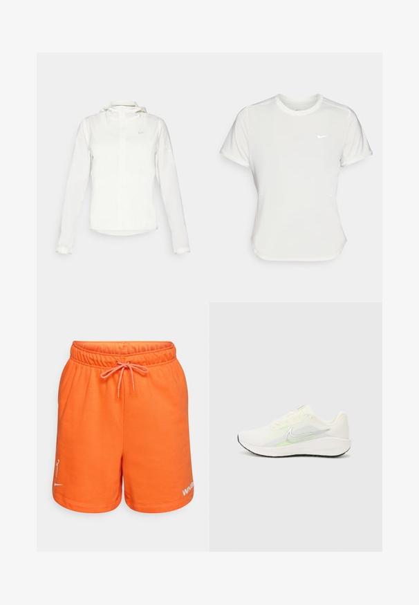 Witte Nike-jack met een capuchon, volledige rits, elastische manchetten en een subtiele logo op de borst. Gladde textuur en lichtgewicht ontwerp.; Nike T-shirt in het wit, korte mouwen, ronde halslijn, gemaakt van een gladde, lichte stof. Bevat een subtiele logo op de borst.; Oranje katoenen shorts met een elastische tailleband en trekkoord. Heeft een logo op het linkerbeen in het wit. Soepele textuur en een casual ontwerp.; Nike Performance DOWNSHIFTER 13 - Hardloopschoenen voor op de weg - sail/silver-coloured photon dust/summit white/barely volt/black
