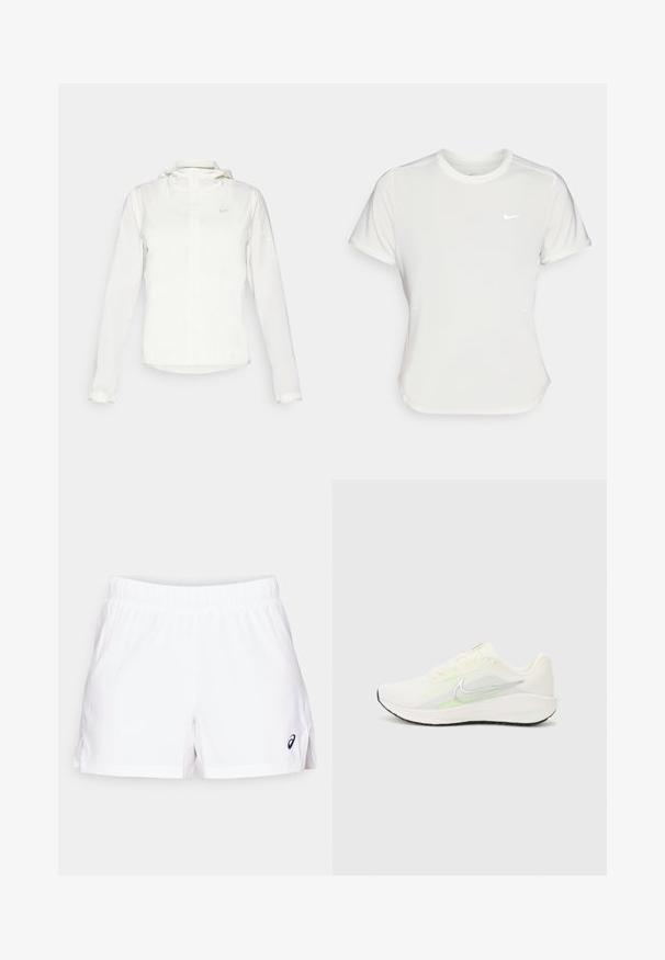 Casaco branco da Nike com capuz, fecho completo, punhos elásticos e um logótipo subtil no peito. Textura suave e design leve.; T-shirt da Nike em branco, mangas curtas, decote redondo, feito de um tecido liso e leve. Apresenta um logo discreto no peito.; Calções atléticos brancos com um cós elástico, fendas laterais e um pequeno logotipo preto na parte inferior direita. Feitos de material leve.; Nike Performance DOWNSHIFTER 13 - Sapatos para corrida em estrada - sail/silver-coloured photon dust/summit white/barely volt/black