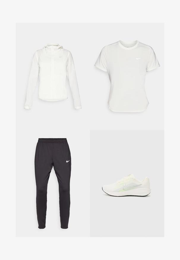 Bílá bunda Nike s kapucí, plným zipem, elastickými manžetami a decentním logem na hrudi. Hladká textura a lehký design.; Bílá Nike tričko s krátkými rukávy, kulatým výstřihem, vyrobené z hladké, lehké tkaniny. Obsahuje decentní logo na hrudi.; Černé sportovní kalhoty Nike se slim fit, elastickým pasem a bílým logem na levém stehně. Hladká, elastická látka.; Nike Performance DOWNSHIFTER 13 - Silniční běžecké boty - sail/silver-coloured photon dust/summit white/barely volt/black