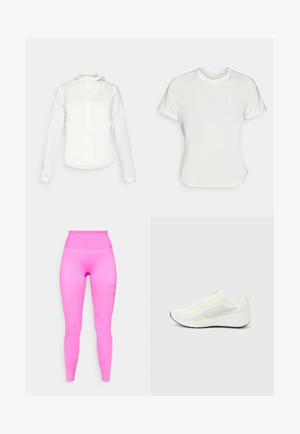 Jachetă albă Nike cu glugă, fermoar pe toată lungimea, manșete elastice și un logo subtil pe piept. Textură netedă și design ușor.; Tricou Nike alb, cu mâneci scurte, decolteu rotund, fabricat dintr-un material neted și ușor. Prezintă un logo subtil pe piept.; Leggings ajustate cu talie înaltă, de culoare roz vibrant. Material neted și elastic, cu un detaliu subtil de dungi texturate pe lateral.; Nike Performance DOWNSHIFTER 13 - Pantofi de alergare pe asfalt - sail/silver-coloured photon dust/summit white/barely volt/black