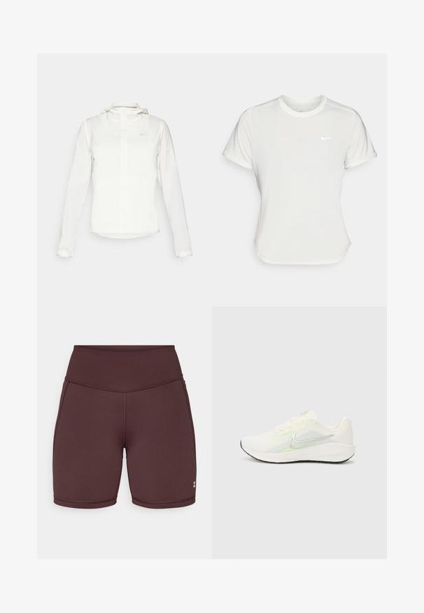 Fehér Nike dzseki kapucnival, teljes cipzárral, rugalmas mandzsettákkal és egy diszkrét logóval a mellkason. Sima textúrájú és könnyű kialakítású.; Fehér Nike póló, rövid ujjú, kerek nyakú, sima, könnyű anyagból készült. Diszkrét logóval rendelkezik a mellkason.; Burgundy, magas derekú sort rugalmas anyagból, sima tapintással, testhezálló fazonnal és varrott részletekkel az élein.; Nike Performance DOWNSHIFTER 13 - Utcai futócipők - sail/silver-coloured photon dust/summit white/barely volt/black