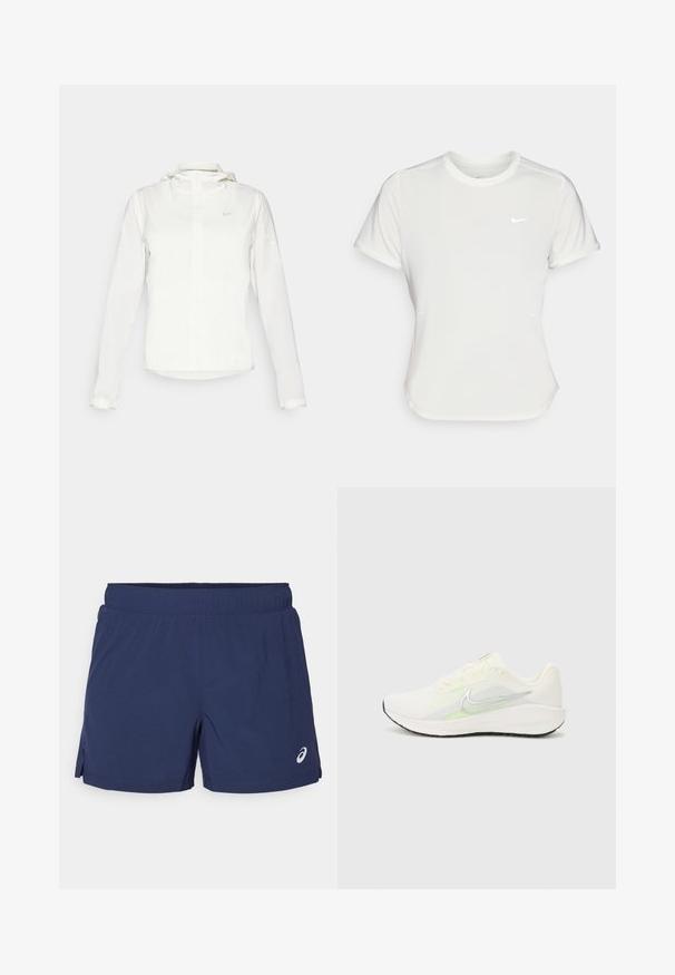 Casaco branco da Nike com capuz, fecho completo, punhos elásticos e um logótipo subtil no peito. Textura suave e design leve.; T-shirt da Nike em branco, mangas curtas, decote redondo, feito de um tecido liso e leve. Apresenta um logo discreto no peito.; Calções atléticos azul-marinho, feitos de tecido leve, têm uma cintura elástica e fendas laterais para mobilidade. Logótipo exibido na parte inferior frontal.; Nike Performance DOWNSHIFTER 13 - Sapatos para corrida em estrada - sail/silver-coloured photon dust/summit white/barely volt/black