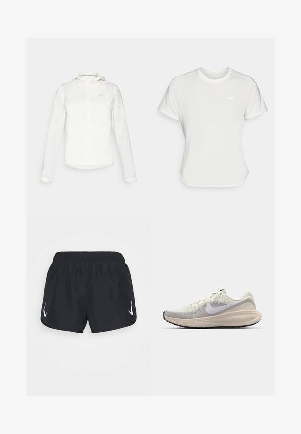 Valge Nike jakker, millel on kapuuts, täispikk tõmblukk, elastsed mansetid ja diskreetne logo rinnal. Sile tekstuur ja kerge disain.; Nike T-särk valgetes toonides, lühikeste varrukatega, ümar kaelus, valmistatud siledast ja kergest kangast. Rinnal on peene logo.; Mustad musta värvi spordilühikesed püksid, millel on elastne vöökoht ja vasakul küljel valge logo. Valmistatud kergest ja siledast kangast.; Kergedreid kergelt hallist meshist pealmine osa, valge Nike tikand, pehme vahekiht, voolujooneline kuju ning must kummist välispohjaga, millel on mustriga haardetäpid.