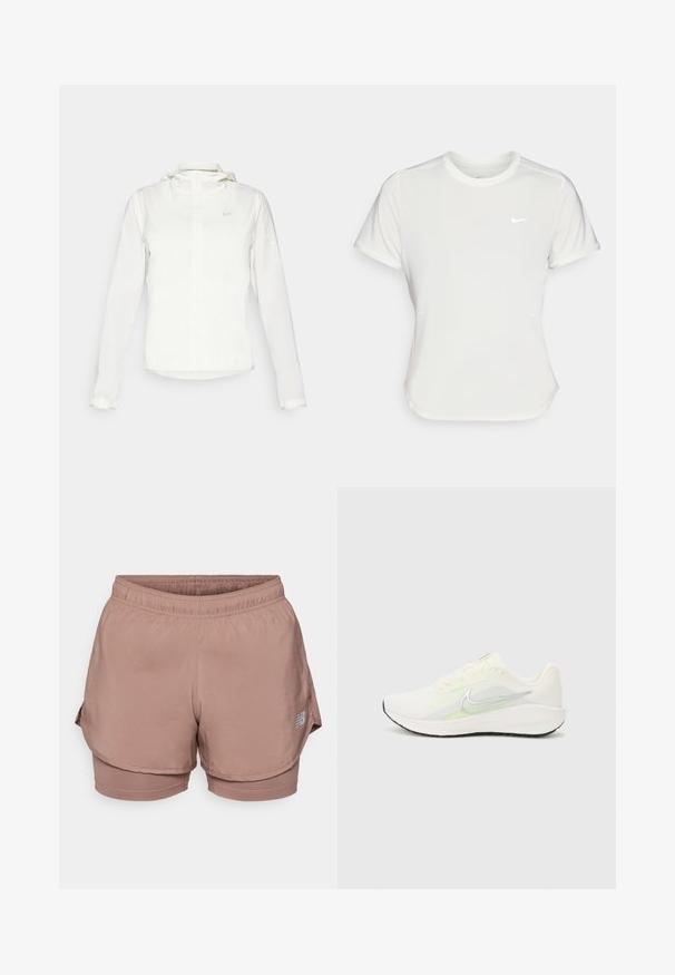 Balta Nike striukė su gobtuvu, pilnu užtrauktuku, elastingomis rankovėmis ir subtiliu logotipu ant krūtinės. Sklandi tekstūra ir lengvas dizainas.; Nike marškinėliai balti, trumpomis rankovėmis, apvaliu iškirpimu, pagaminti iš lygaus, lengvo audinio. Yra subtilus logotipas ant krūtinės.; Šviesiai rožiniai sportiniai šortai turi elastingą juosmenį, sluoksniuotą dizainą ir atspindinčią logotipo detalę šone. Lygus audinys.; Nike Performance DOWNSHIFTER 13 - Bėgimo batai plentui - sail/silver-coloured photon dust/summit white/barely volt/black