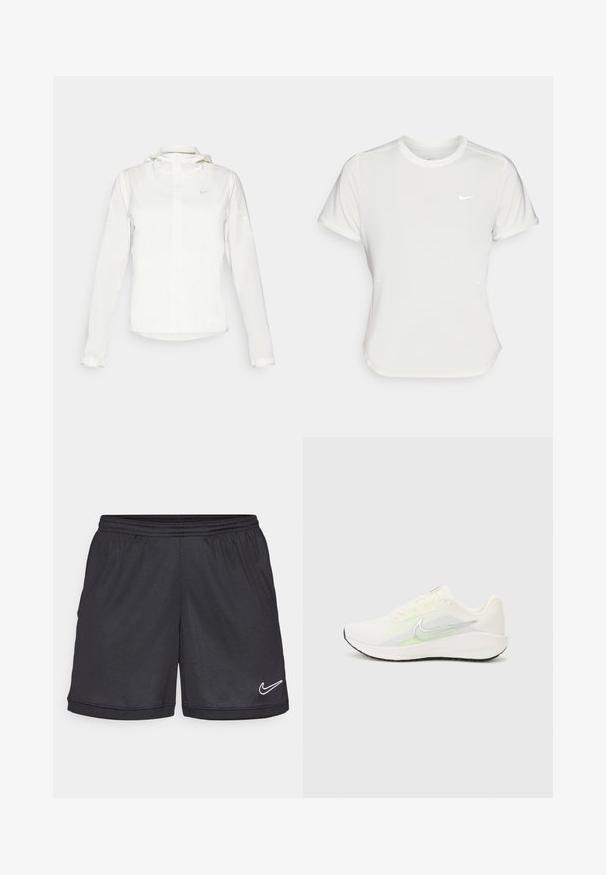 Balta Nike striukė su gobtuvu, pilnu užtrauktuku, elastingomis rankovėmis ir subtiliu logotipu ant krūtinės. Sklandi tekstūra ir lengvas dizainas.; Nike marškinėliai balti, trumpomis rankovėmis, apvaliu iškirpimu, pagaminti iš lygaus, lengvo audinio. Yra subtilus logotipas ant krūtinės.; Juodi sportiniai šortai su elastinga juosmena, su baltu Nike logotipu apatinėje dešinėje siūlės dalyje ir lygia, lengva medžiaga.; Nike Performance DOWNSHIFTER 13 - Bėgimo batai plentui - sail/silver-coloured photon dust/summit white/barely volt/black