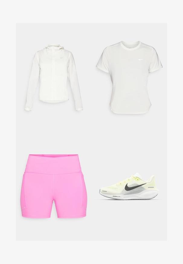 Giacca Nike bianca con cappuccio, zip completa, polsini elasticizzati e un logo discreto sul petto. Texture liscia e design leggero.; T-shirt Nike bianco, maniche corte, scollatura rotonda, realizzata in un tessuto morbido e leggero. Presenta un logo discreto sul petto.; Pantaloni sportivi alti in vita di un brillante colore rosa, con cuciture piatte e piccoli dettagli riflettenti vicino all'orlo su entrambe le gambe.; Scarpe da corsa Nike con una tomaia in rete giallo chiaro e bianco, dettagli grigi e una suola in gomma flessibile. Presentano una chiusura con lacci.