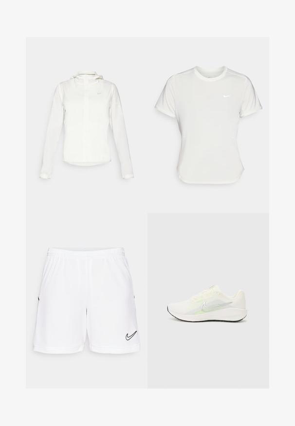 Biela Nike bunda s kapucňou, plným zipsom, elastickými manžetami a jemným logom na hrudi. Hladká textúra a ľahký dizajn.; Biele tričko Nike s krátkym rukávom a okrúhlym výstrihom, vyrobené z hladkej a ľahkej látky. Na hrudi má nenápadné logo.; Biele športové šortky s elastickým pásom, s čiernym logom Nike swoosh v dolnom ľavom rohu a jemným textúrovaným detailom.; Nike Performance DOWNSHIFTER 13 - Cestná bežecká obuv - sail/silver-coloured photon dust/summit white/barely volt/black