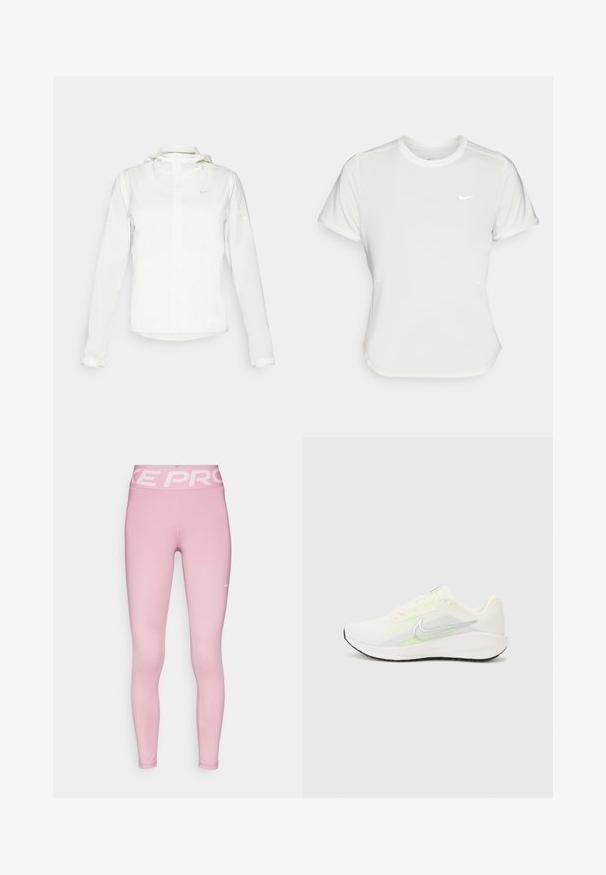 Witte Nike-jack met een capuchon, volledige rits, elastische manchetten en een subtiele logo op de borst. Gladde textuur en lichtgewicht ontwerp.; Nike T-shirt in het wit, korte mouwen, ronde halslijn, gemaakt van een gladde, lichte stof. Bevat een subtiele logo op de borst.; Roze sportlegging met een brede, lichtroze tailleband waarop het "NIKE PRO" logo staat. Gemaakt van rekbare stof, aangesloten ontwerp, gladde textuur.; Nike Performance DOWNSHIFTER 13 - Hardloopschoenen voor op de weg - sail/silver-coloured photon dust/summit white/barely volt/black