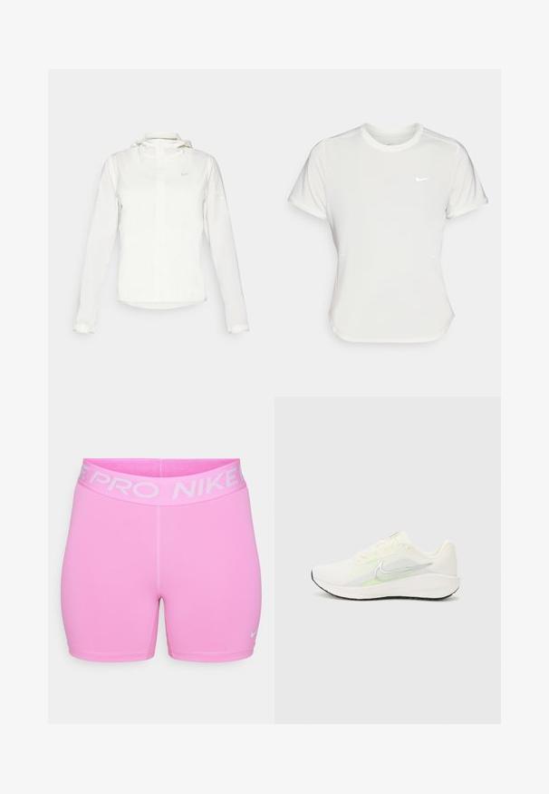 Casaco branco da Nike com capuz, fecho completo, punhos elásticos e um logótipo subtil no peito. Textura suave e design leve.; T-shirt da Nike em branco, mangas curtas, decote redondo, feito de um tecido liso e leve. Apresenta um logo discreto no peito.; Calções Nike Pro em rosa brilhante, feitos de material sintético suave. Apresentam uma cintura larga com logotipo e um design justo, com costura em contraste.; Nike Performance DOWNSHIFTER 13 - Sapatos para corrida em estrada - sail/silver-coloured photon dust/summit white/barely volt/black